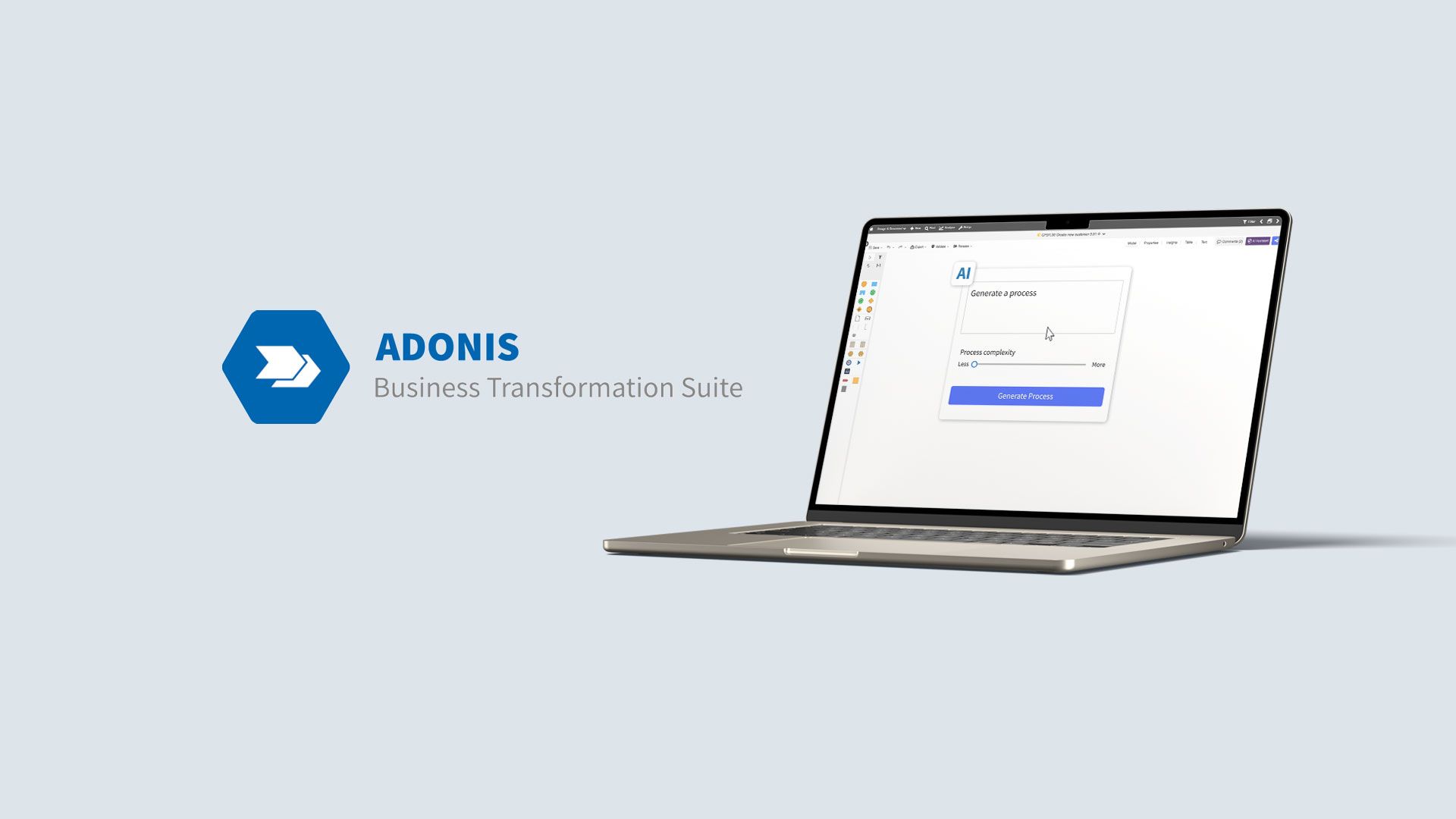 Laptop mit geöffneter Software, daneben das blaue ADONIS-Logo und der Schriftzug 'Business Transformation Suite'.