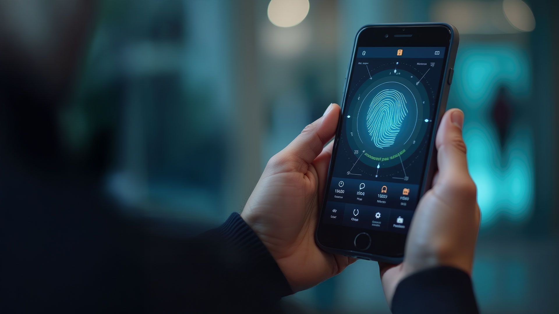 Smartphone zeigt eine digitale Darstellung eines blauen Fingerabdrucks auf schwarzem Hintergrund, gehalten von zwei Händen.