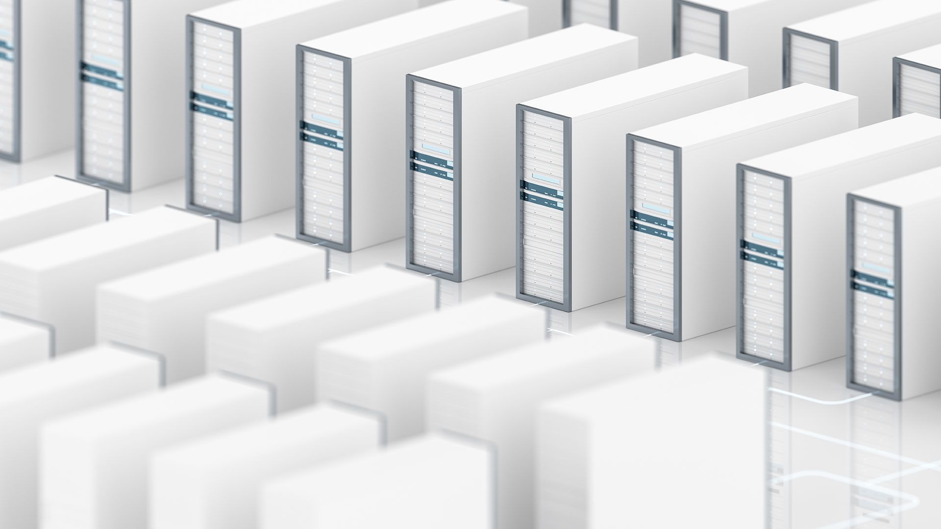 Reihen weißer Serverracks in einem modernen Rechenzentrum, mit sichtbaren Kontrollanzeigen und strukturiertem Layout.