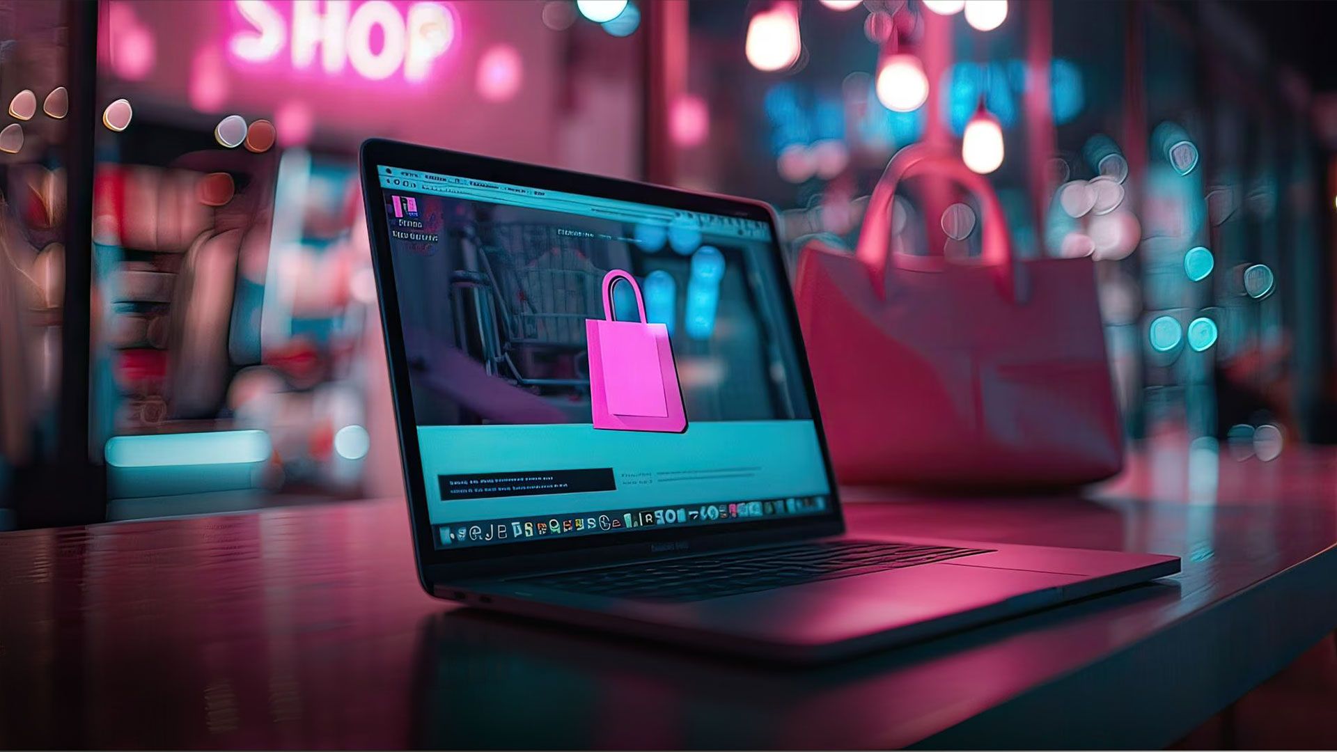 Laptop auf Tisch mit geöffneter Webseite, die eine pinkfarbene Einkaufstasche auf dunklem Hintergrund zeigt, unscharfe pinkfarbene Tasche im Hintergrund.