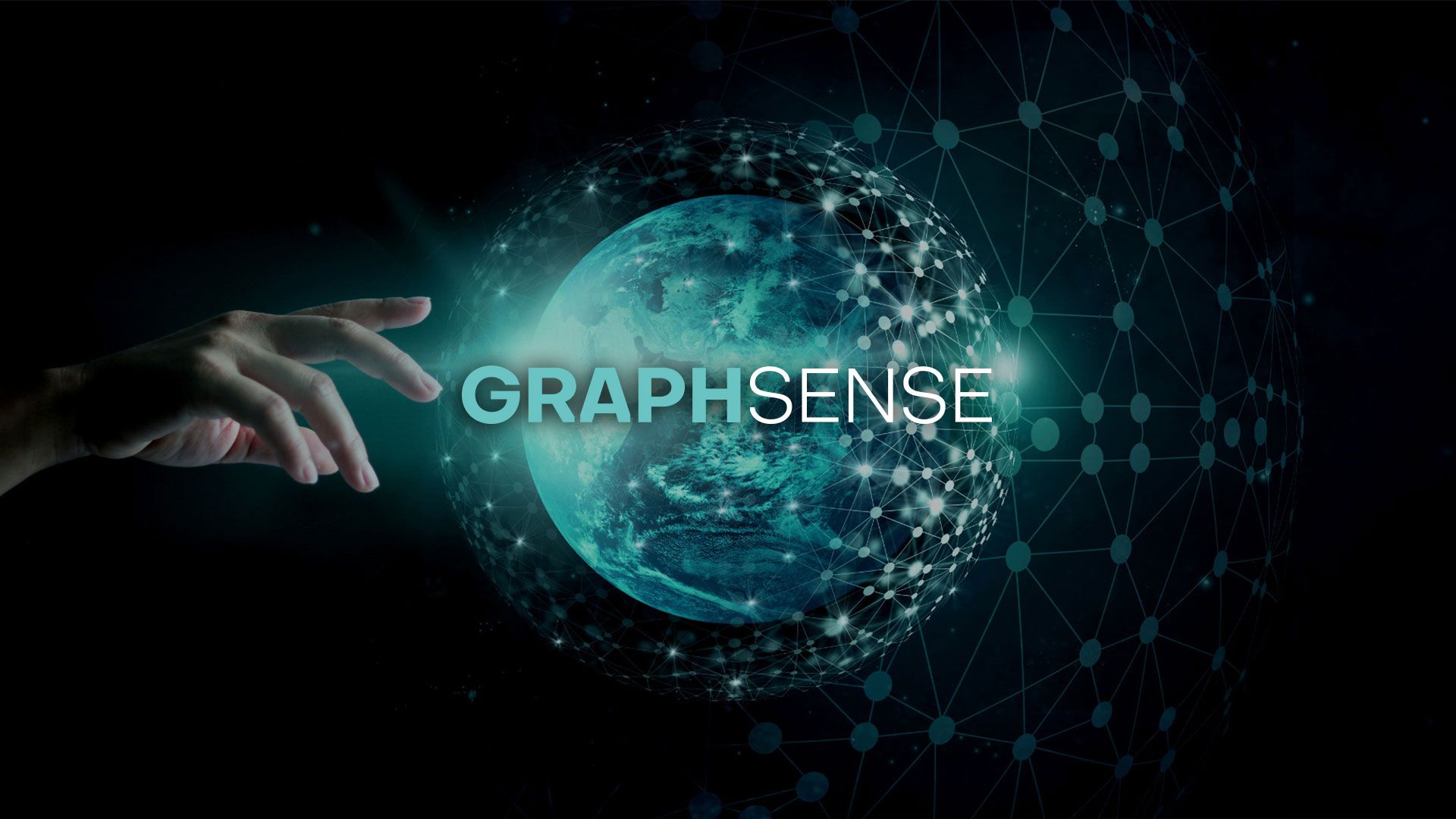 Hand zeigt auf eine digitale, vernetzte Erdkugel mit dem Schriftzug 'GRAPHSENSE' in der Mitte.