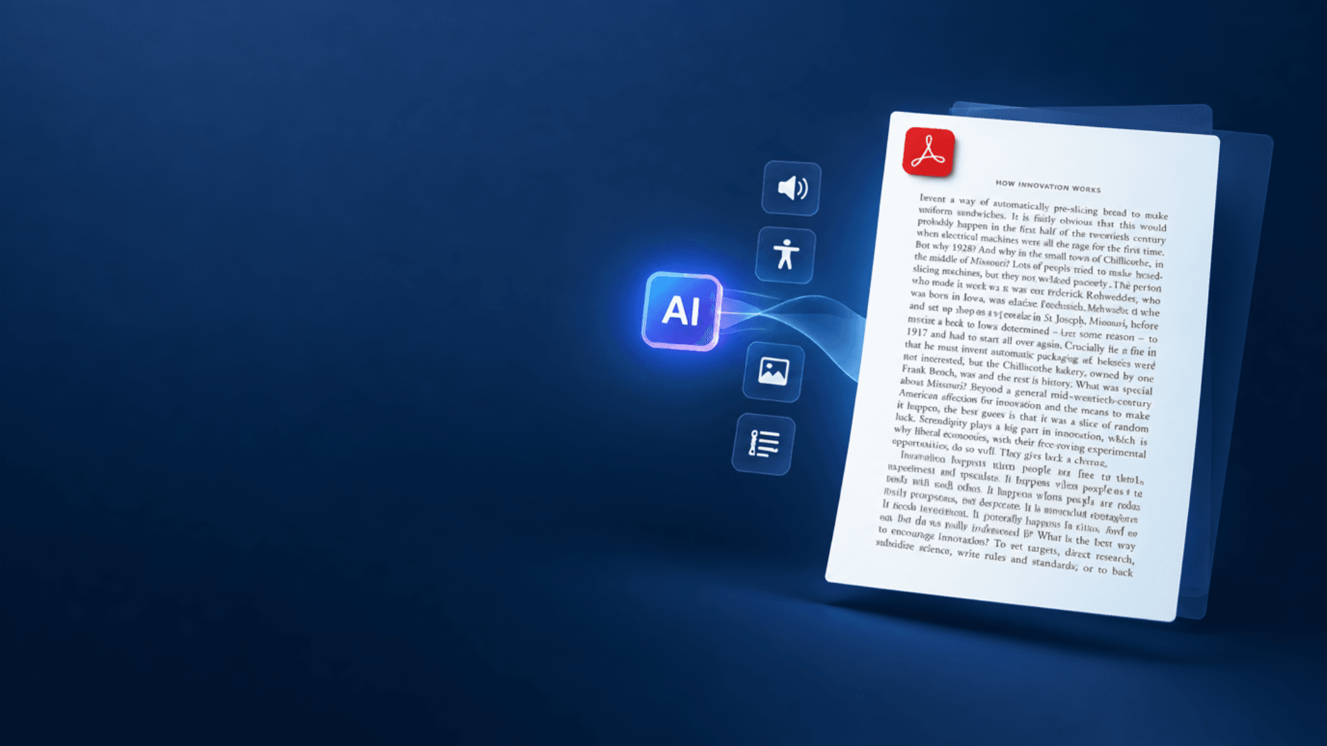 AI-powered PDF accessibility with a glowing AI icon and accessible document features.