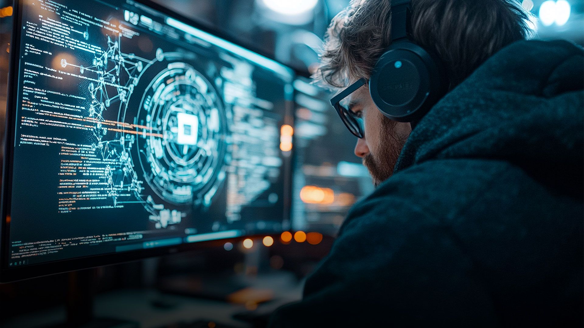 Person mit Kopfhörern vor zwei Bildschirmen mit komplexen, technischen Grafiken und Code in einem dunklen Raum.