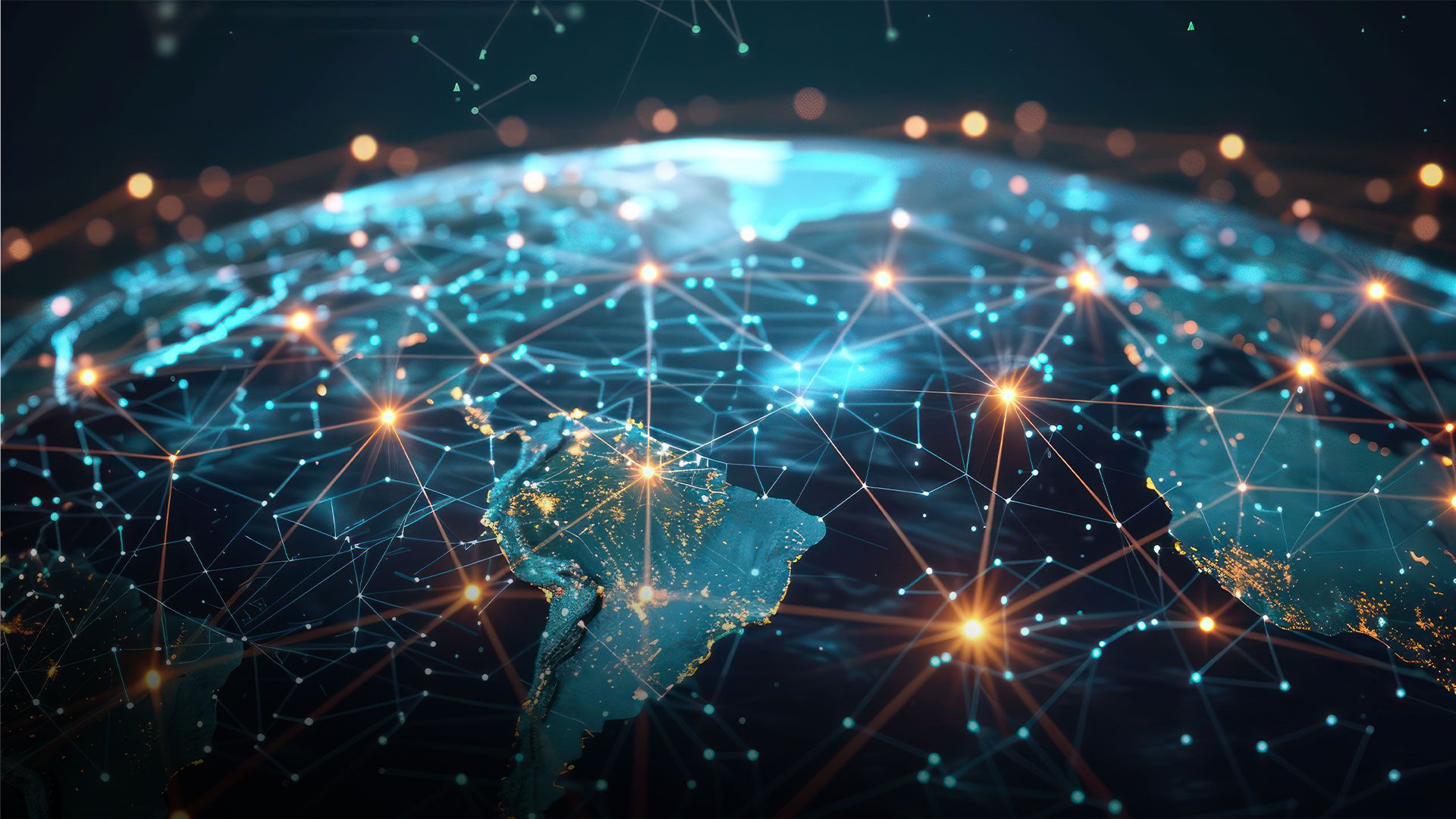 Digitale Weltkarte mit leuchtenden Verbindungslinien und Knotenpunkten über Südamerika und angrenzenden Regionen.