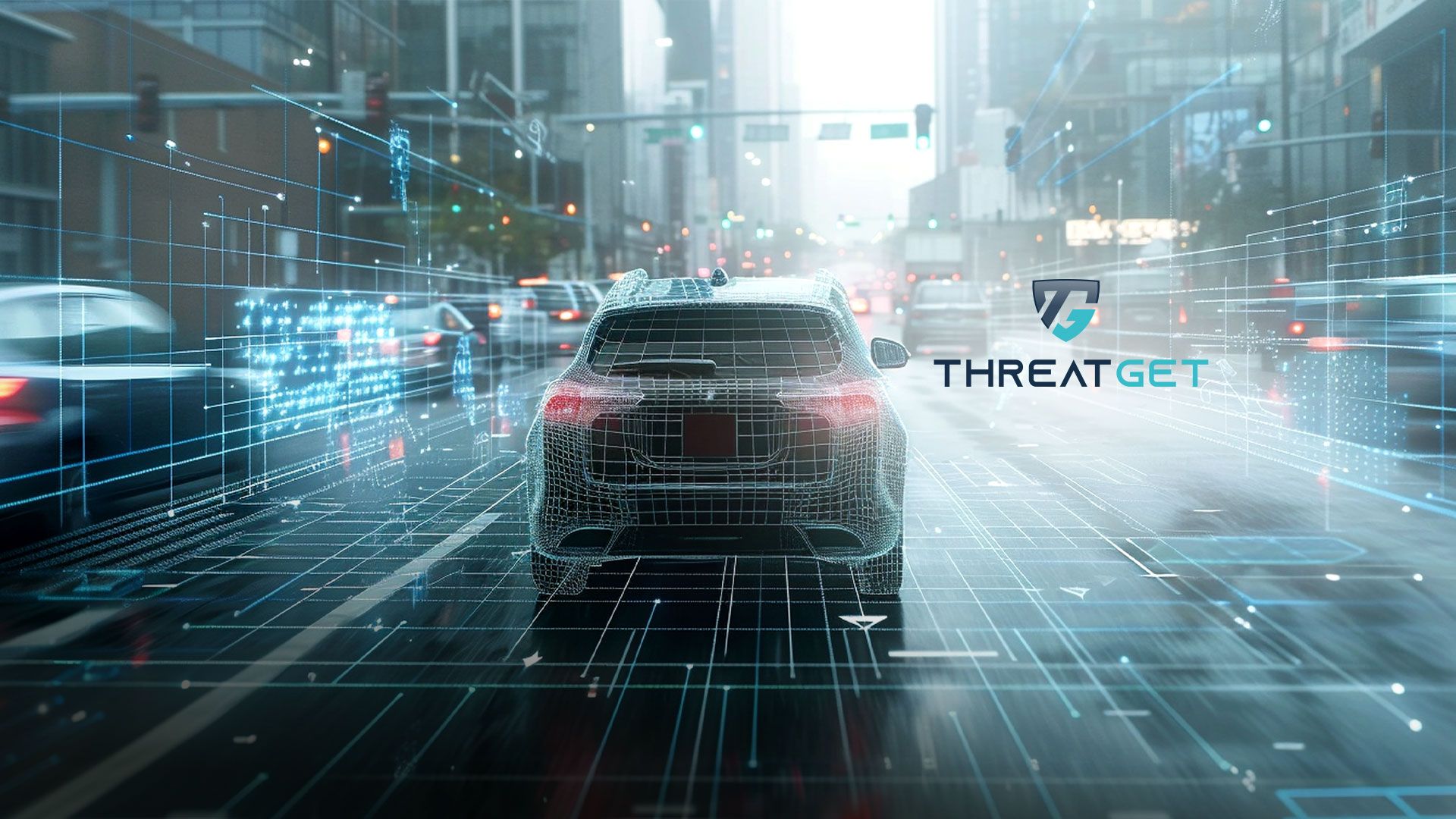 Rückansicht eines Autos mit digitalem Drahtgittermodell auf einer belebten Stadtstraße, daneben das Logo und der Schriftzug 'THREATGET'.