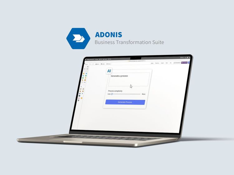 Laptop mit geöffneter Software, darüber das blaue ADONIS-Logo und der Schriftzug 'Business Transformation Suite'.