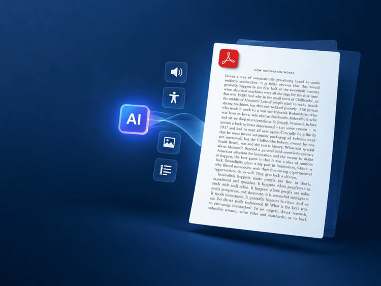 AI-powered PDF accessibility with a glowing AI icon and accessible document features.