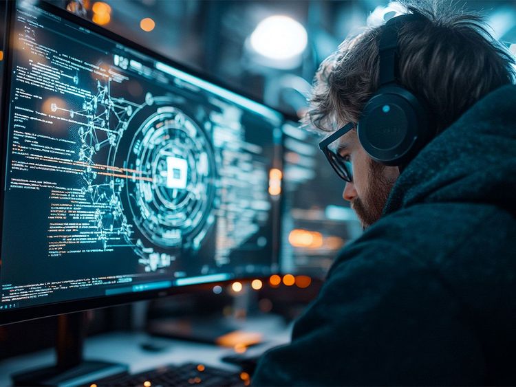 Person mit Kopfhörern vor zwei Bildschirmen mit komplexen, technischen Grafiken und Code in einem dunklen Raum.